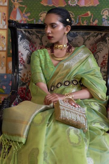 Wonderful Handloom Weaving Green Color Saree In Organza Fabric