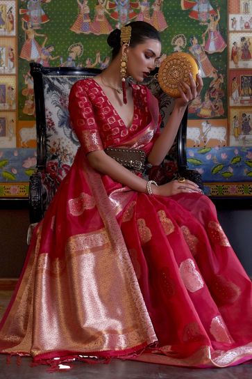 Organza Fabric Beguiling Red Color Handloom Weaving Saree