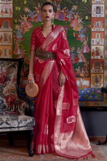 Organza Fabric Beguiling Red Color Handloom Weaving Saree