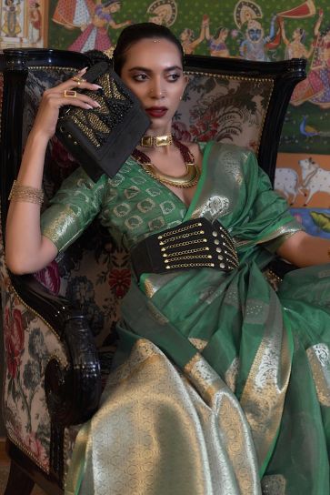 Organza Fabric Embellished Handloom Weaving Green Color Saree