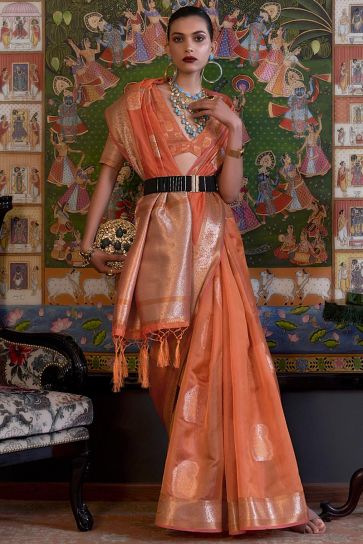 Ravishing Orange Color Organza Fabric Handloom Weaving Saree