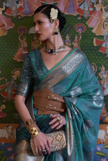 Teal Color Organza Fabric Tempting Handloom Weaving Saree