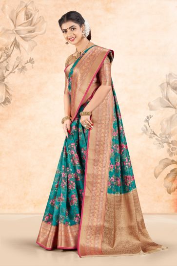 Art Silk Fabric Festive Look Luxurious Saree In Cyan Color