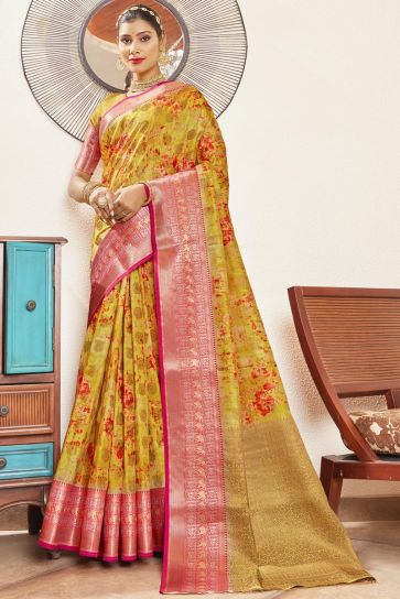 Creative Digital Printed Art Silk Saree In Yellow Color