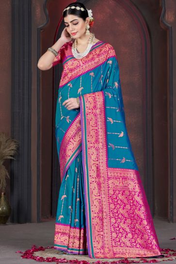 Blue Color Exquisite Weaving Work Function Wear Silk Saree