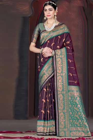 Weaving Work Attractive Function Wear Silk Saree In Wine Color