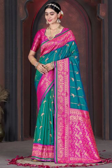 Teal Color Weaving Work Graceful Function Wear Silk Saree
