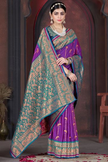 Purple Color Weaving Work Brilliant Function Wear Silk Saree