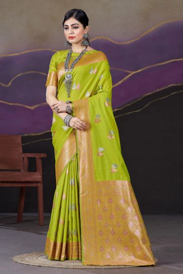 Weaving Work On Green Color Aristocratic Silk Fabric Saree