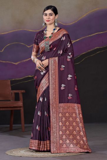 Weaving Work On Captivating Silk Fabric Saree In Brown Color