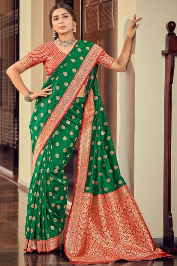 Weaving Work On Silk Fabric Green Color Fashionable Saree