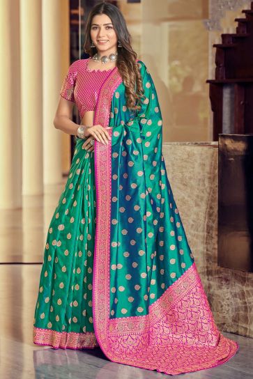 Tempting Silk Fabric Sea Green Color Saree With Weaving Work