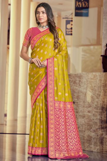 Silk Fabric Yellow Color Delicate Saree With Weaving Work
