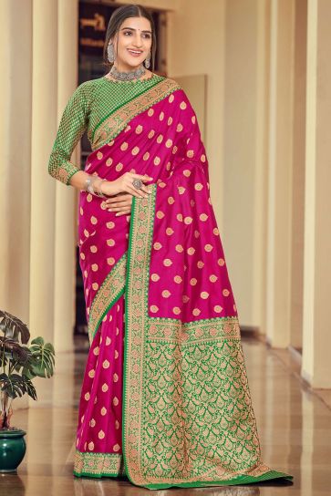 Rani Color Silk Fabric Weaving Work Function Wear Stylish Saree