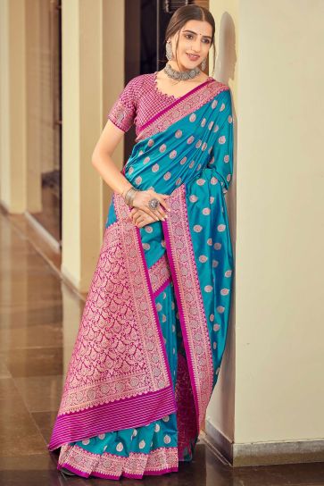 Trendy Silk Fabric Sky Blue Color Saree With Weaving Work