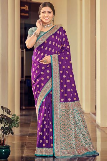 Purple Color Weaving Work On Silk Fabric Chic Saree