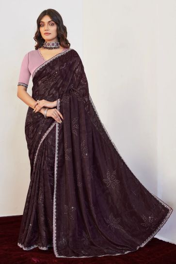 Tempting Purple Color Art Silk Fabric Embroidered And Stone Work Saree