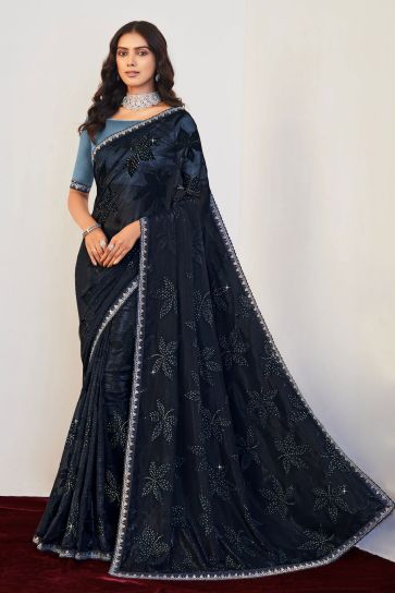 Navy Blue Color Brasso Fabric Beguiling Embroidered And Stone Work Saree