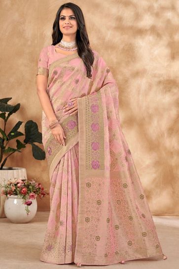 Pink Color Fantastic Kora Silk Fabric Saree With Foil Printed Work