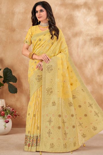 Foil Printed Work On Yellow Color Trendy Kora Silk Fabric Saree
