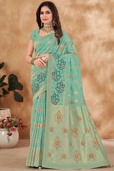 Foil Printed Work On Awesome Kora Silk Fabric Saree In Light Cyan Color