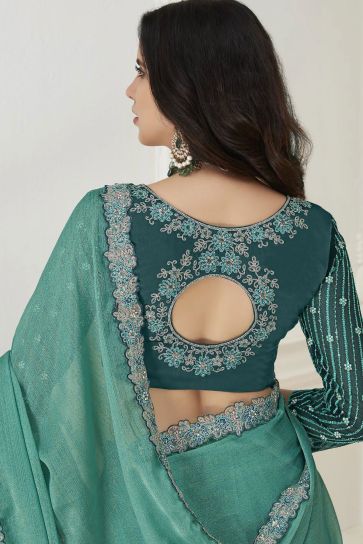 Sea Green Color Chiffon Fabric Coveted Saree With Embroidered Work