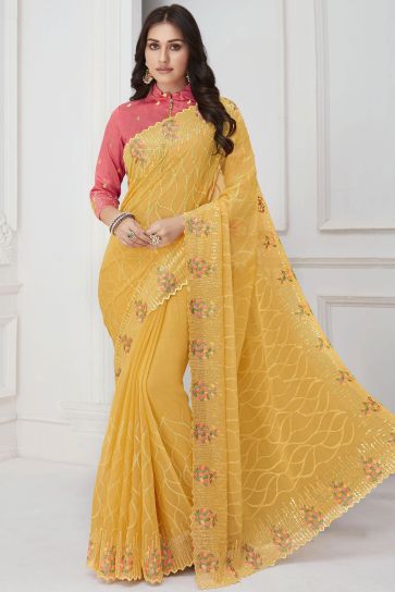 Chiffon Fabric Yellow Color Riveting Saree With Embroidered Work