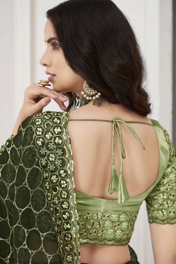  Tissue Fabric Mehendi Green Color Excellent Saree With Embroidered Work