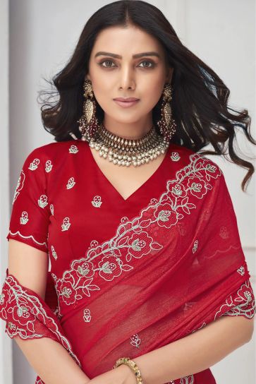 Embroidered Work On Red Color Chiffon Fabric Princely Saree