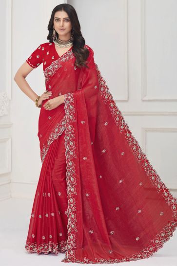 Embroidered Work On Red Color Chiffon Fabric Princely Saree