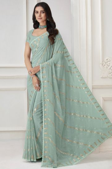 Georgette And Chiffon Fabric Light Cyan Color Patterned Saree With Embroidered Work
