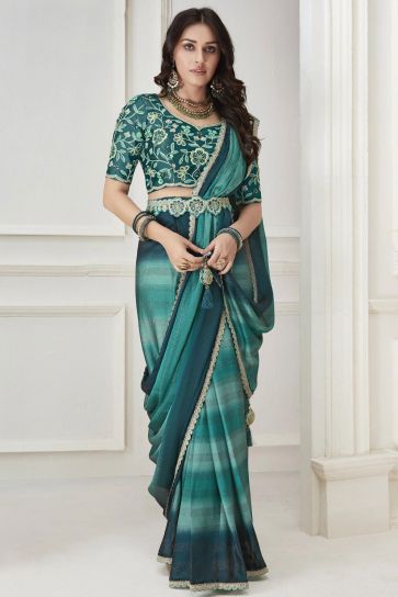 Multi Color Satin And Chiffon Fabric Engaging Saree With Embroidered Work