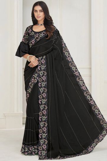 Embroidered Work On Black Color Sober Saree In Georgette Fabric