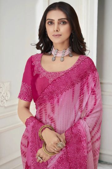 Creative Embroidered Work On Pink Color Georgette And Chiffon Fabric Saree