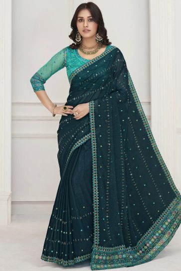 Beguiling Embroidered Work On Teal Color Chiffon Fabric Saree