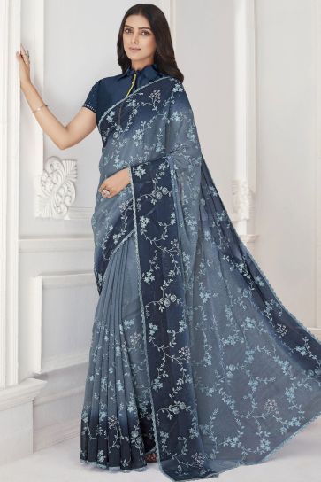 Tempting Chiffon Fabric Grey Color Saree With Embroidered Work