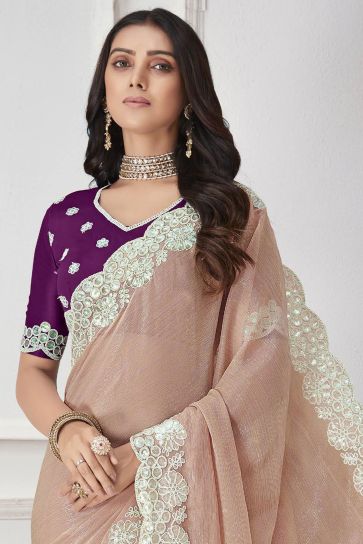Chiffon Fabric Peach Color Delicate Saree With Embroidered Work