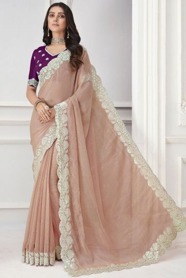 Chiffon Fabric Peach Color Delicate Saree With Embroidered Work