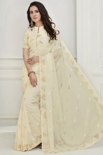 Engaging Off White Color Georgette Fabric Saree With Embroidered Work