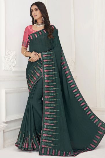 Teal Color Crepe Fabric Special Saree With Embroidered Work