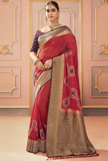 Red Color Embroidered Work Brilliant Sangeet Function Silk Saree