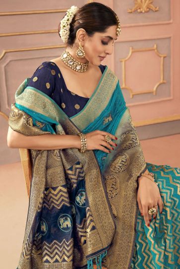 Embroidered Work Imposing Sangeet Function Silk Saree In Cyan Color