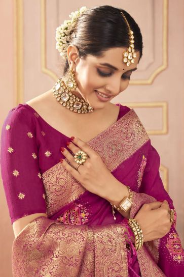 Embroidered Work Soothing Sangeet Function Silk Saree In Magenta Color