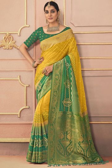 Mustard Color Glorious Sangeet Function Silk Saree With Embroidered Work