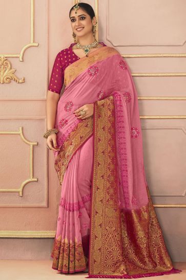 Delicate Pink Color Embroidered Work Sangeet Function Silk Saree