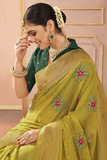 Yellow Color Embroidered Work Glamorous Sangeet Function Silk Saree