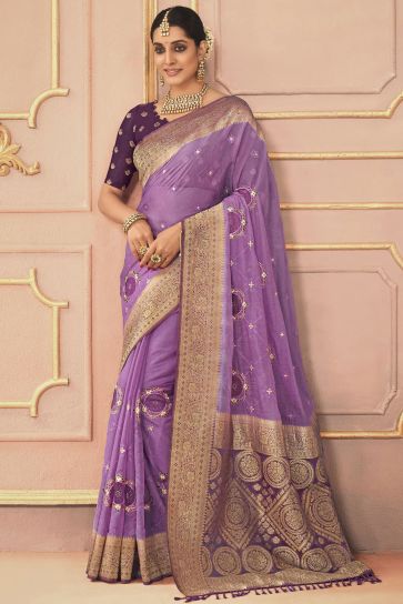 Lavender Color Exquisite Embroidered Work Sangeet Function Silk Saree