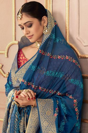 Blue Color Gorgeous Sangeet Function Silk Saree With Embroidered Work