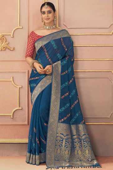 Blue Color Gorgeous Sangeet Function Silk Saree With Embroidered Work