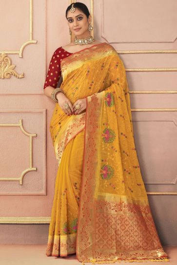 Yellow Color Embroidered Work Pleasant Sangeet Function Silk Saree